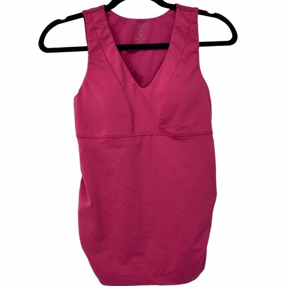 Athleta Pink V Neck Tank Built in Bra Womens 34B Ruched Sides